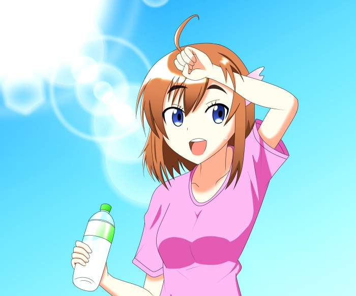 Sakura from Bakuon!! holding a water bottle