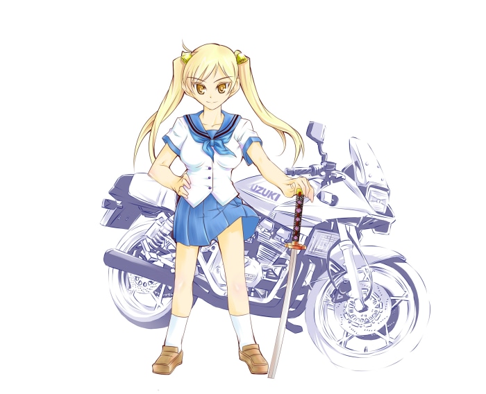 Rin Suzunoki from Bakuon!! with a motorcycle and sword