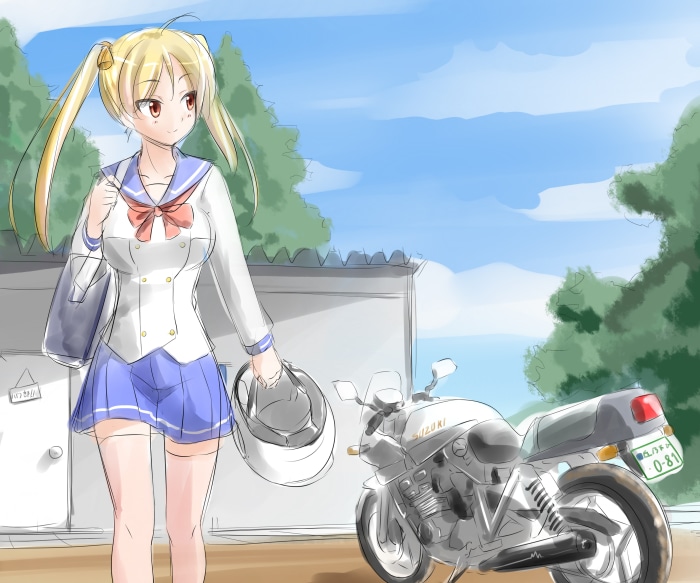 Rin Suzunoki from Bakuon!! with a motorcycle