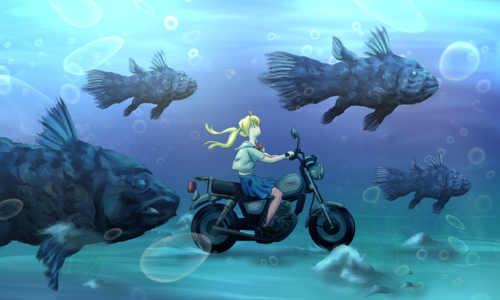 Rin Suzunoki from Bakuon!! riding a motorcycle underwater