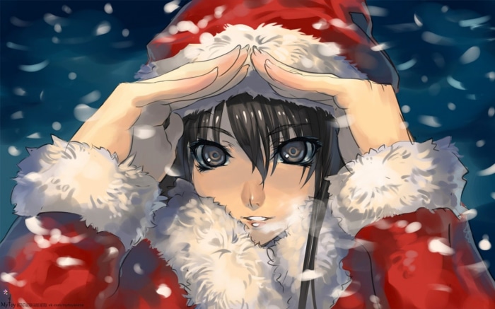 Girl in Santa Costume in Snow
