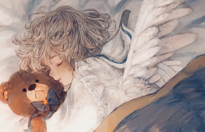 Angel sleeping with a teddy bear
