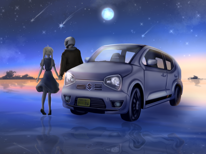 Couple by a car under a starry sky