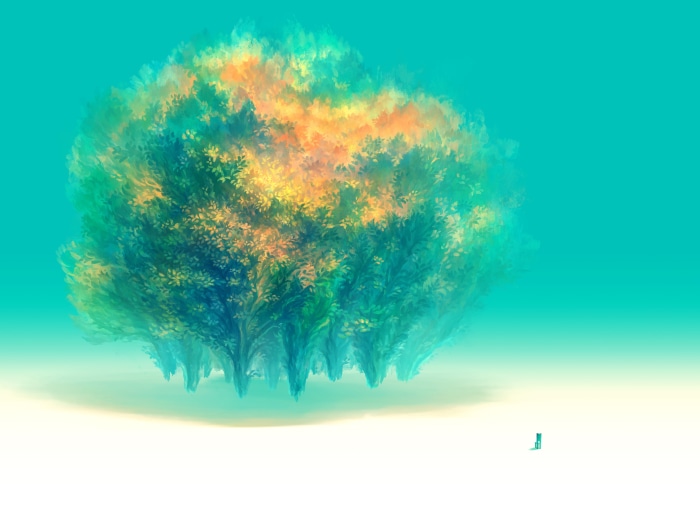 A surreal landscape with a cluster of trees