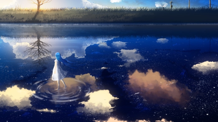 Girl in white dress reflected in starry water