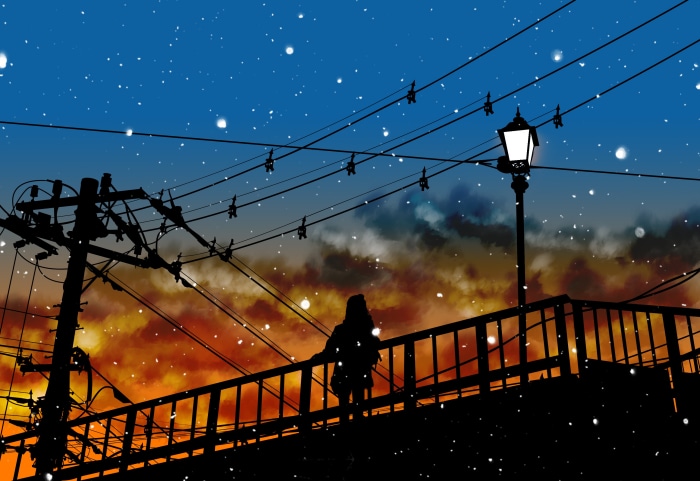 Silhouette of a person on a bridge at sunset with snow