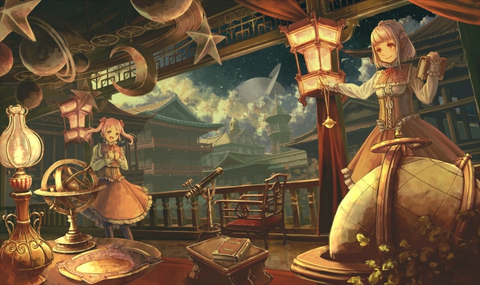Two girls in an observatory with celestial models