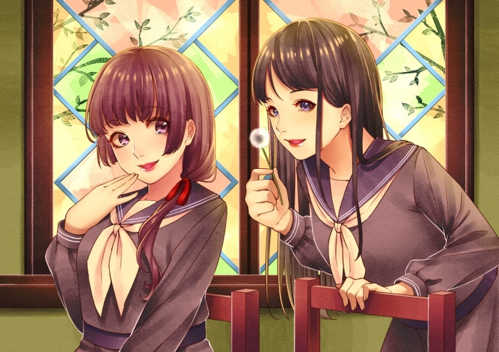 Two schoolgirls with a dandelion by a stained glass window
