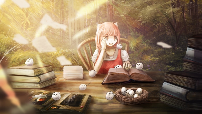 Girl with cat ears and owl-like creatures in a forest