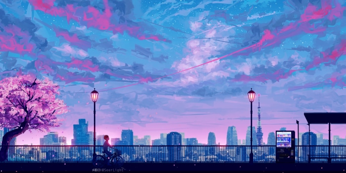 Anime Cityscape with Cherry Blossoms and Cyclist 4K