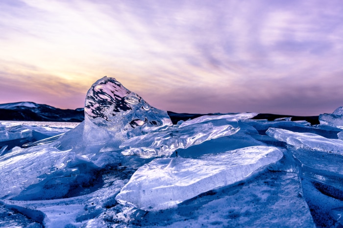 Winter Ice Formations on a Frozen Landscape in Iceland