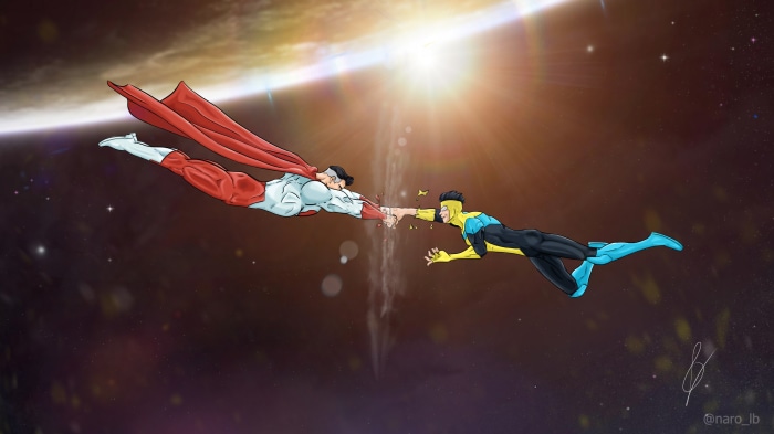 Omni-Man and Invincible Fist Bumping in Space
