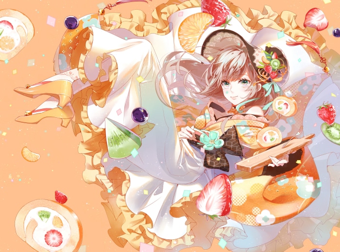 Girl in Kimono Surrounded by Fruits and Desserts
