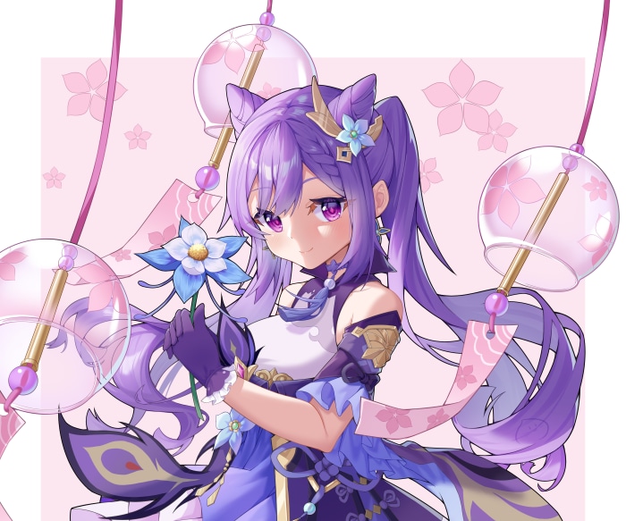 Keqing from Genshin Impact with flowers and wind chimes