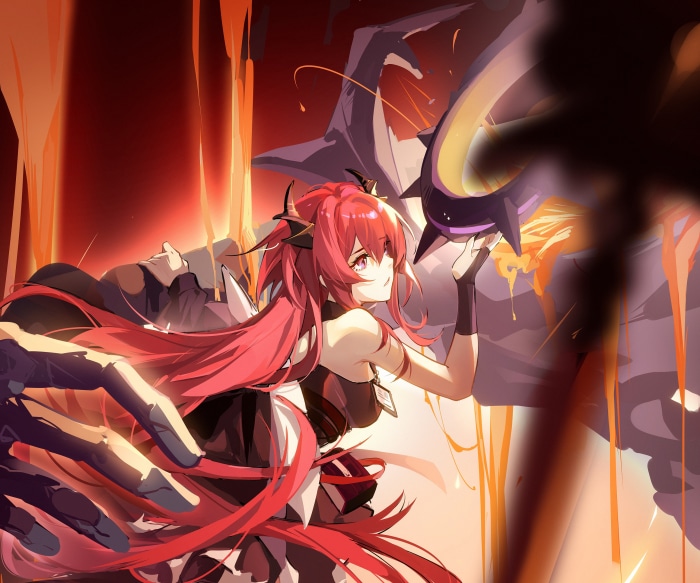 Surtr from Arknights holding a weapon