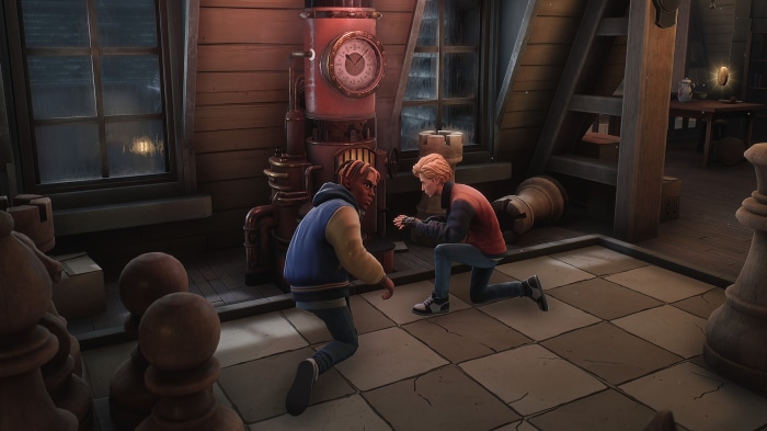 Two young men in a room with giant chess pieces