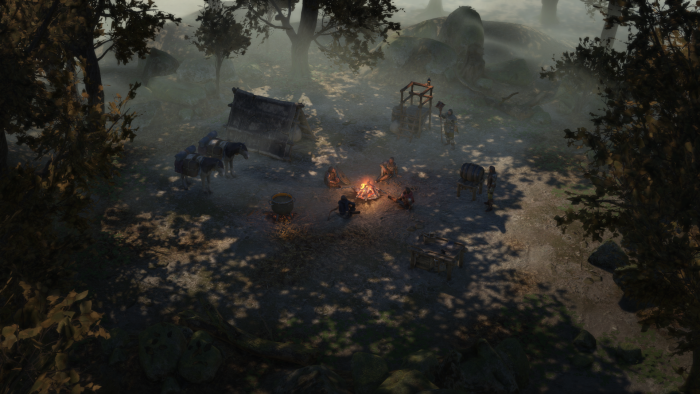Wartales characters gathered around a campfire