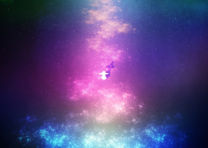 Two figures in a colorful nebula