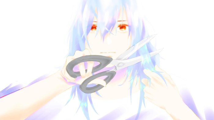 Girl cutting her blue hair with scissors