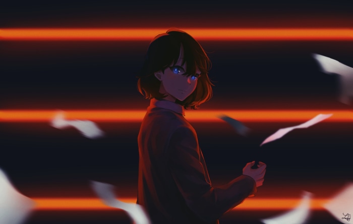 Girl with blue eyes in front of orange lights