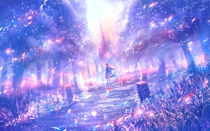 Fantasy forest with glowing particles and a girl