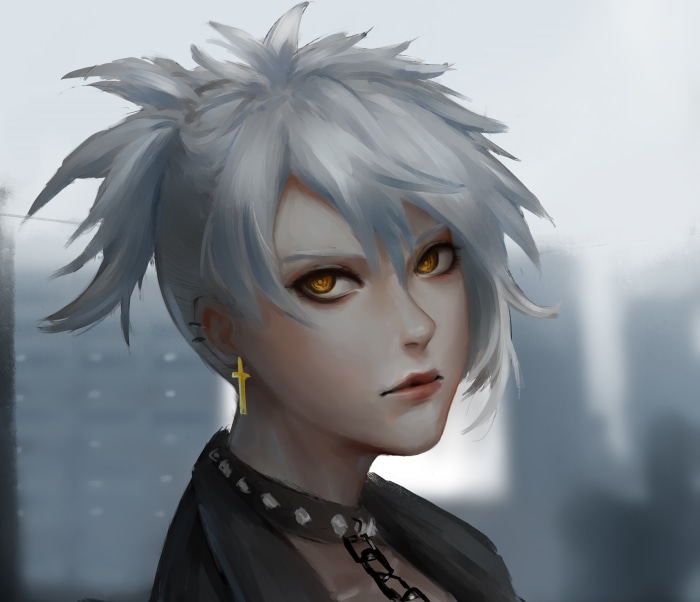 Girl with spiky white hair and yellow eyes