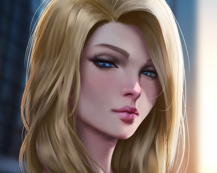 Close-up of a blonde woman with blue eyes