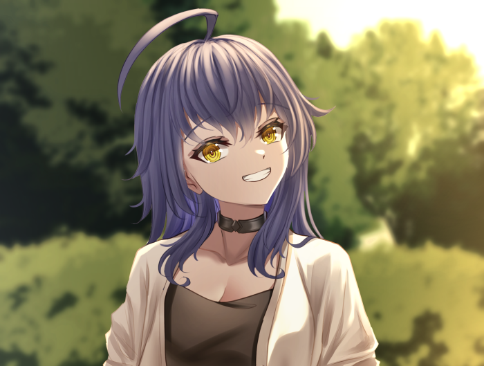 Girl with purple hair and yellow eyes