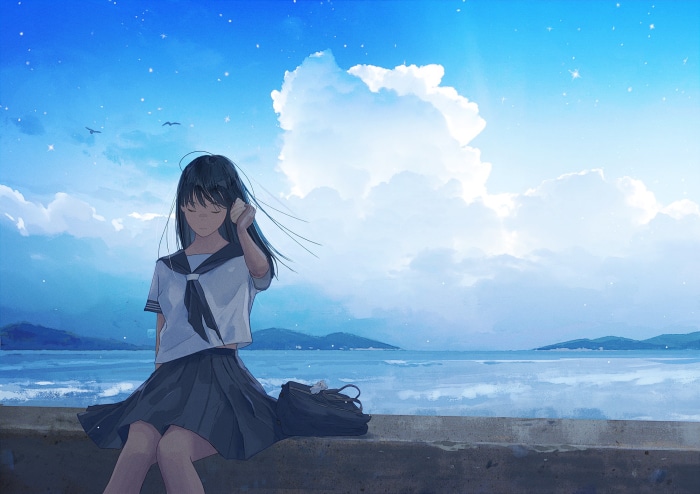 Girl in school uniform by the sea with clouds