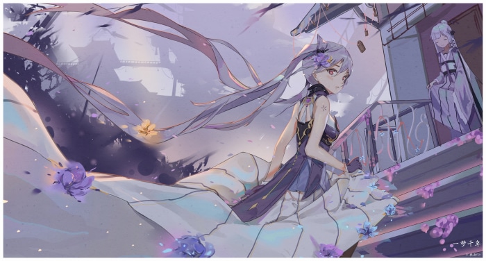 Keqing and another girl on a balcony with purple flowers