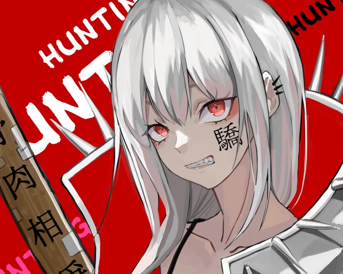 Girl with red eyes and Japanese text