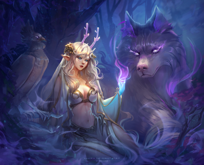 Lunaria the Forest Spirit with Wolf and Bird