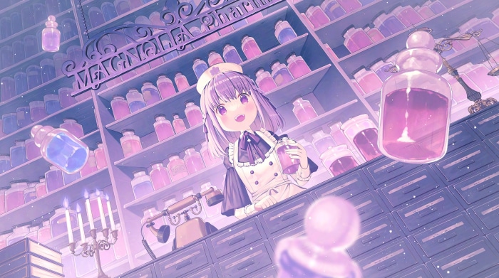 Girl in a pharmacy with potions