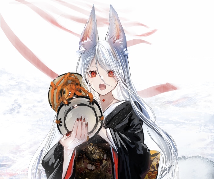 Girl with Fox Ears in Kimono Holding a Plate