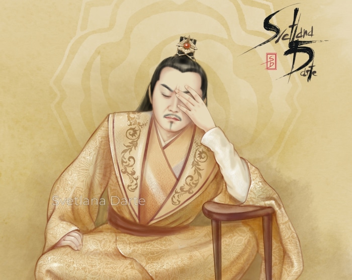 Man in traditional Chinese attire with hand on forehead