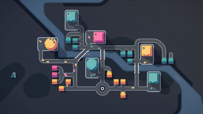 Mini Motorways map with colorful buildings and roads