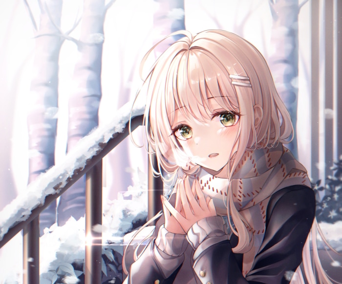 Anime girl in winter with scarf and snow