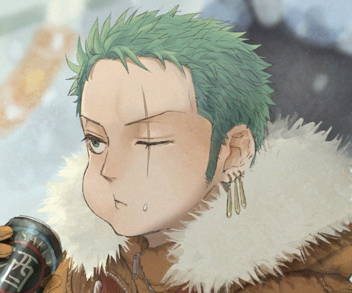 Roronoa Zoro from One Piece drinking from a can