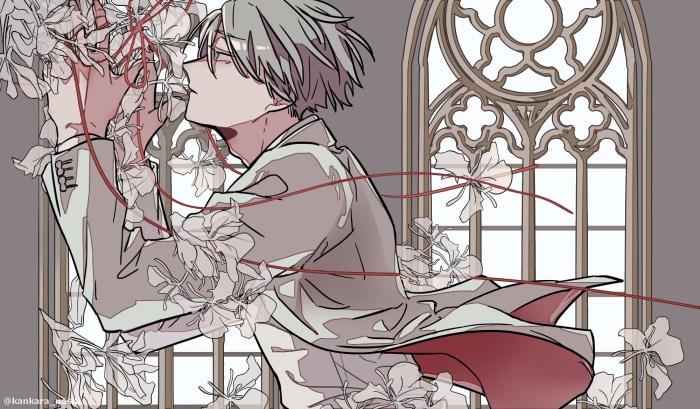 Anime boy with flowers and gothic window