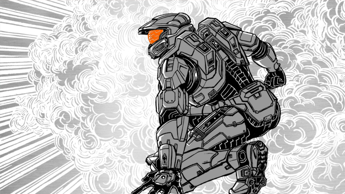 Master Chief from Halo Infinite in front of clouds