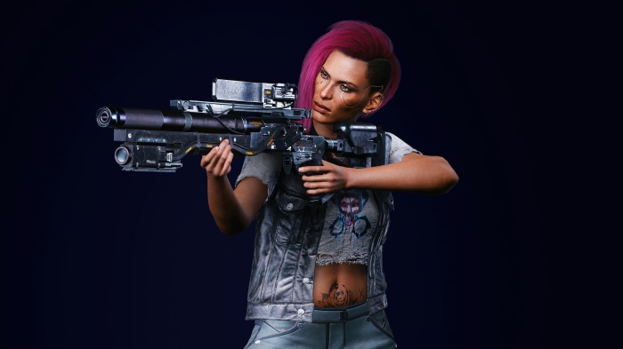 Female character with pink hair holding a futuristic rifle in Cyberpunk 2077 4K