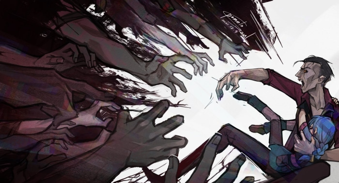 Silco and Jinx from Arcane surrounded by dark hands