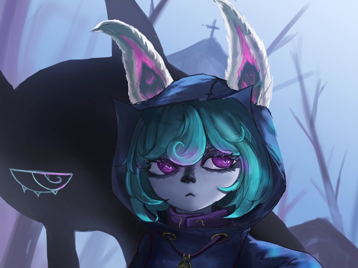 Vex from League of Legends in a dark setting