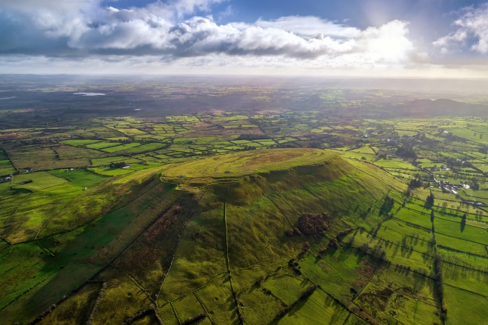 Aerial view of a green landscape in Ireland
