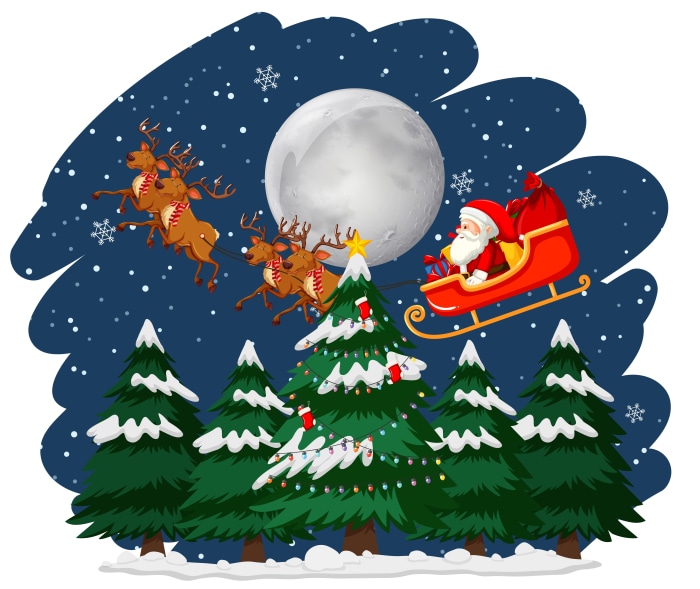 Santa Claus in Sleigh with Reindeer and Christmas Trees