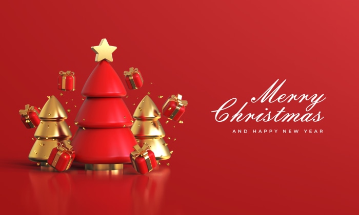 Merry Christmas and Happy New Year with Red and Gold Trees
