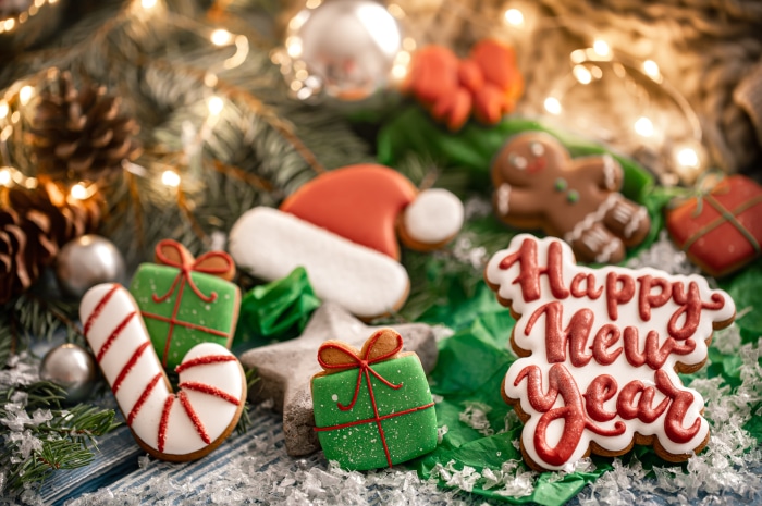 Happy New Year Cookies with Christmas Decorations