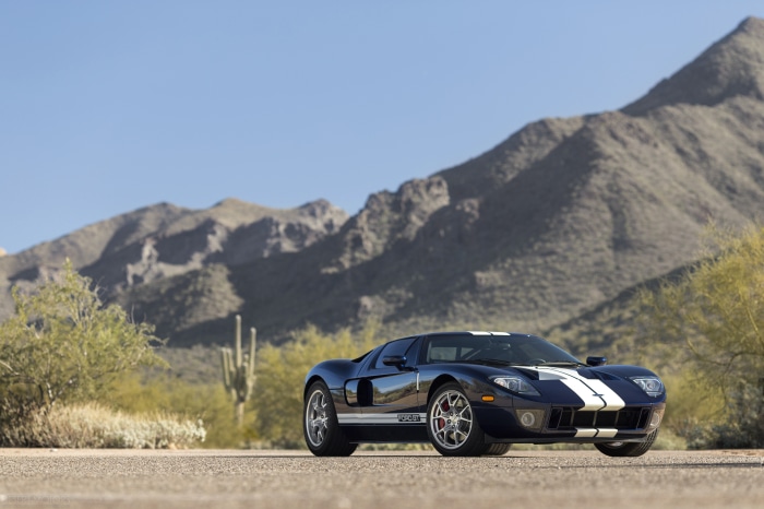 Dark Blue Ford GT with White Stripes in Desert