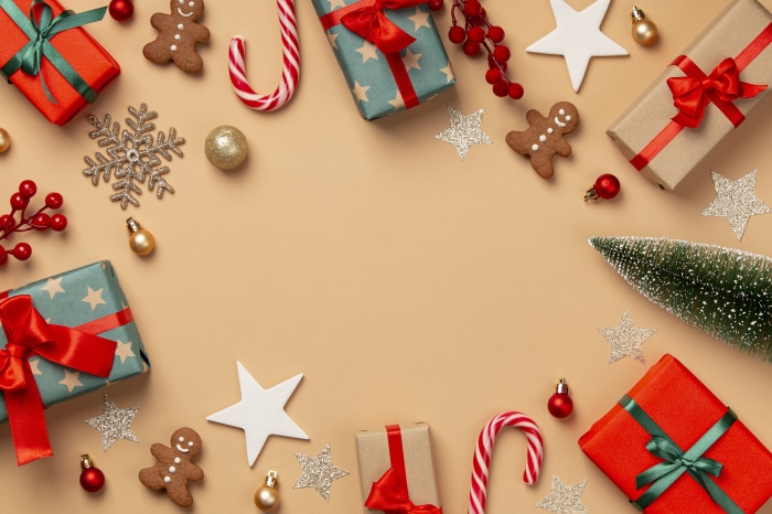 Christmas gifts and decorations flat lay