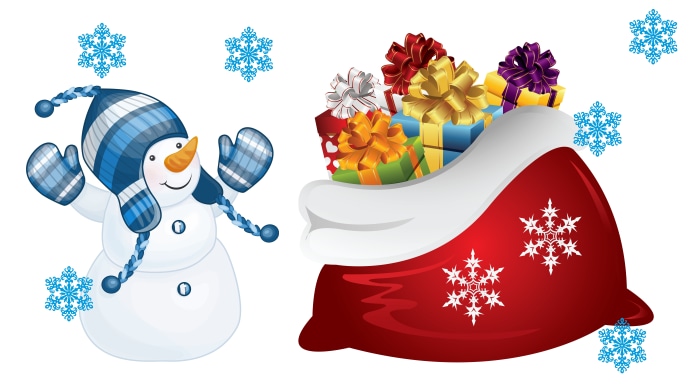 Snowman with Santa's sack full of gifts and snowflakes